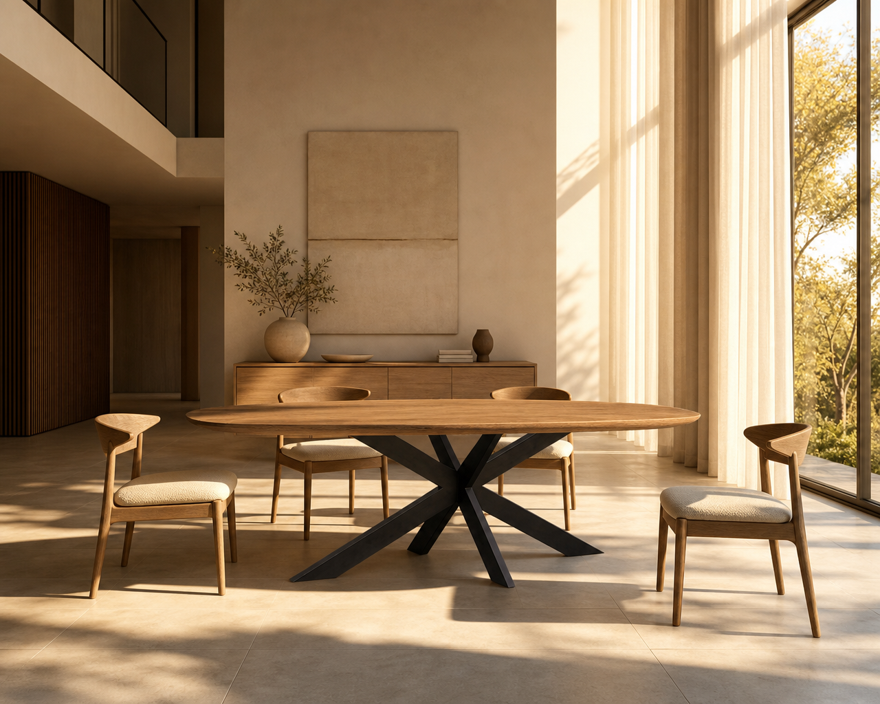 Eethoek met japandi eetkamertafel en linnen stoelen
