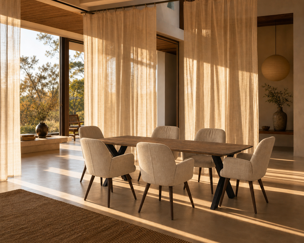 Japandi eetkamer met houten tafel en zacht licht