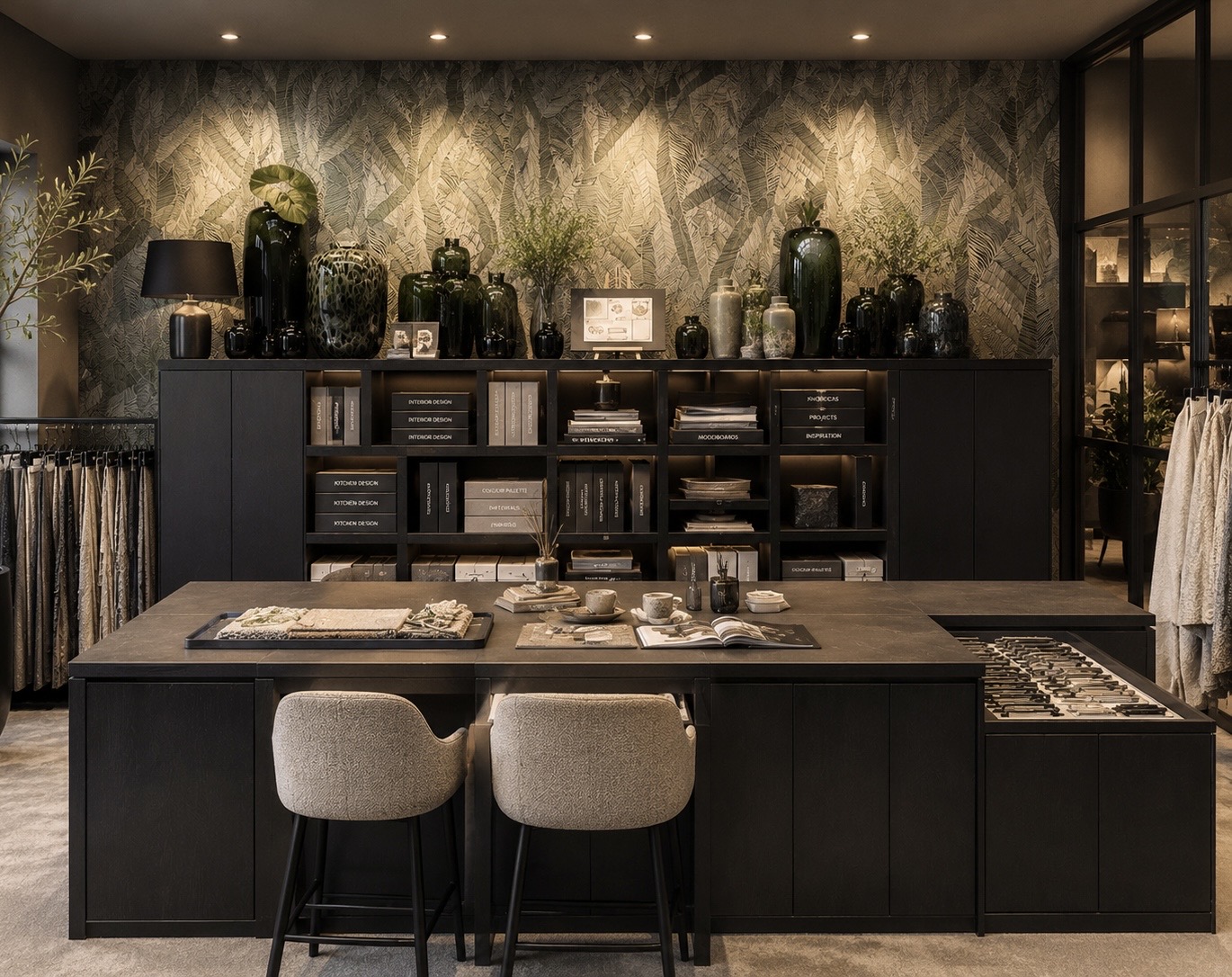 Luxe interieurshowroom met zwarte kasten, beige stoelen aan een houten tafel, en decoratieve zwarte vazen tegen een