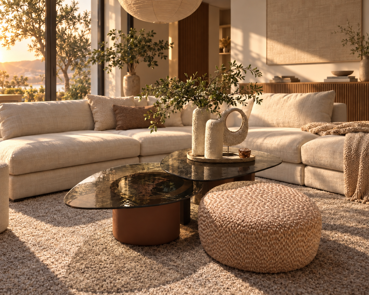 Lounge met ronde bank, rond vloerkleed en warme accenten