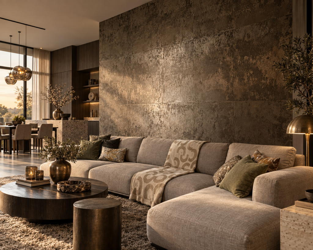 Behang Metal x Patina met metallic glans in een hotel chique interieur