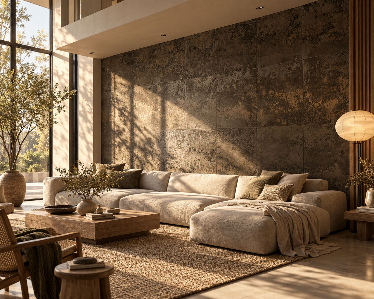 Behang Metal x Patina met metallic glans in een japandi interieur
